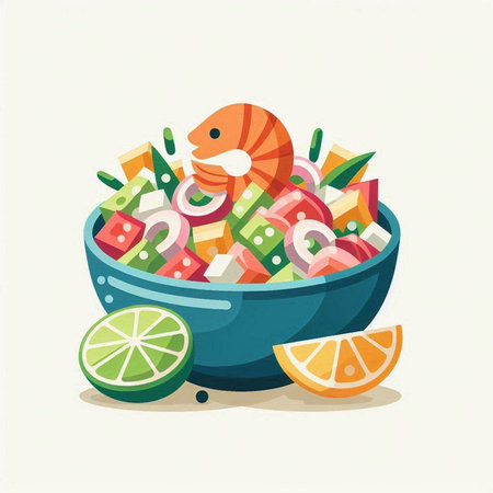Salad with shrimp and vegetables in a bowl. Vector illustration.のイラスト素材