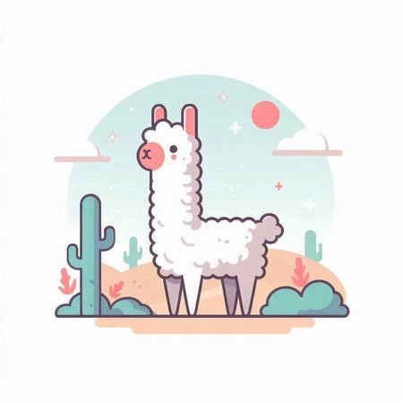 Llama in desert. Cute alpaca vector illustrationのイラスト素材