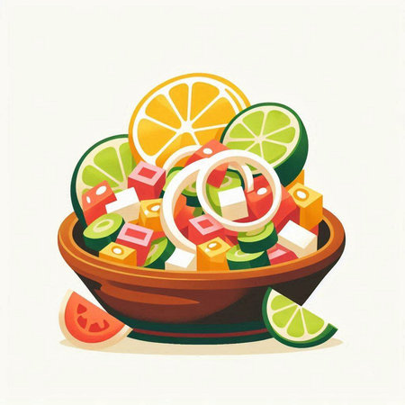 Illustration of a bowl of salad with lime, onion and tomatoのイラスト素材