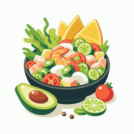 Salad with avocado, tomato, cucumber, lettuce and cheese in a bowl.のイラスト素材