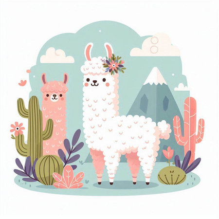 Cute llama in the desert with cacti. Vector illustration.のイラスト素材
