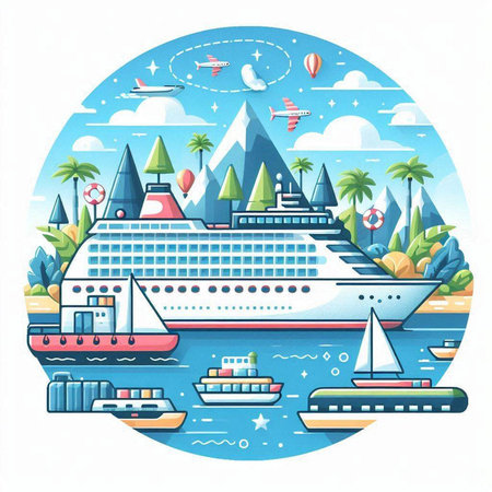 Cruise ship on the background of the sea and mountains. Vector illustrationのイラスト素材