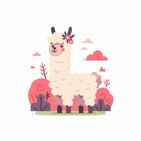 Cute alpaca in the forest. Vector illustration in flat cartoon style.のイラスト素材