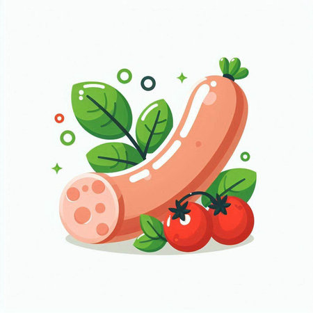 Sausage with tomatoes and basil. Vector illustration in flat styleのイラスト素材