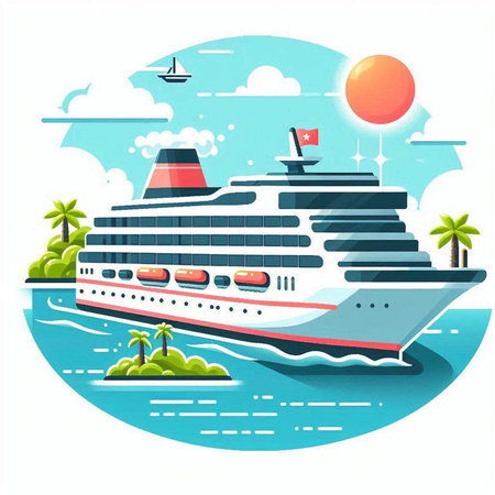 Cruise ship in the sea. Vector illustration. Flat style.のイラスト素材