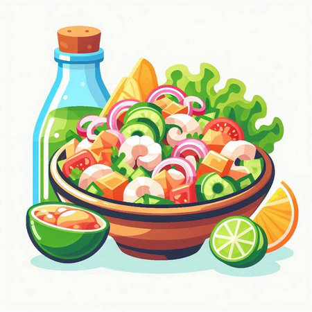 Mexican food vector illustration. Traditional mexican salad with guacamole, shrimp, avocado, tomato, cucumber, onion, lime, olive oil.のイラスト素材