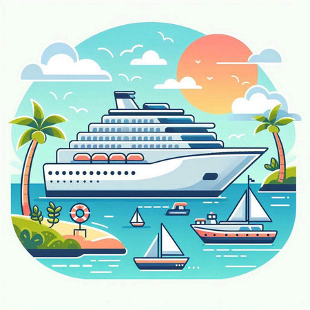 Cruise ship on the seashore. Vector illustration in flat styleのイラスト素材