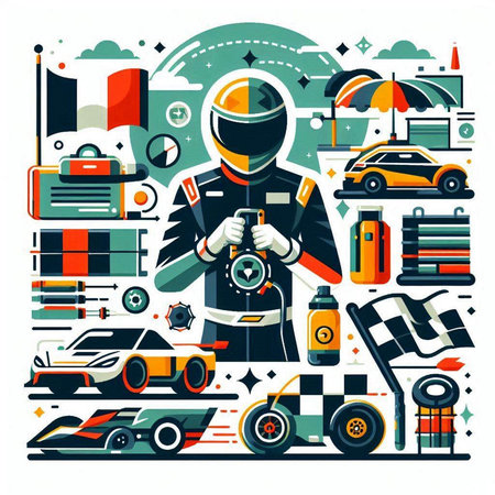 Vector illustration in flat linear style with the image of a racing car.のイラスト素材