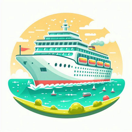 Cruise ship on the sea. Vector illustration. Flat style.のイラスト素材
