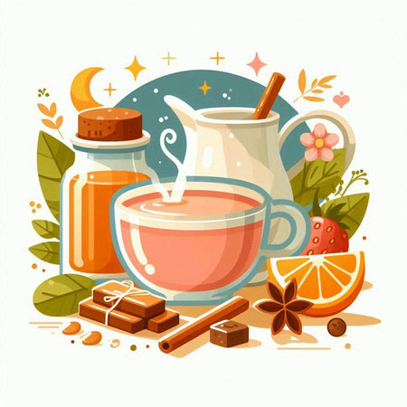Cup of tea with cinnamon, honey, star anise and orange. Vector illustrationのイラスト素材