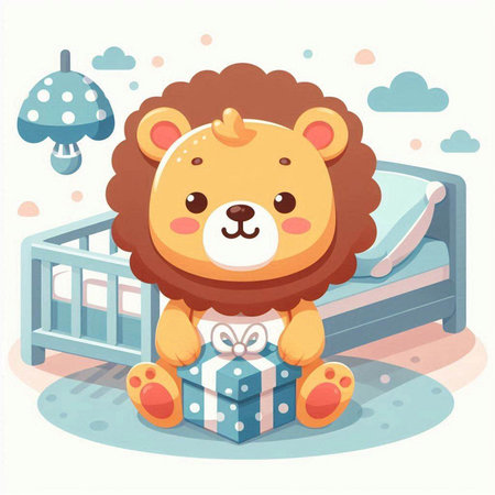 Cute cartoon lion sitting in bed with gift box. Vector illustration.のイラスト素材