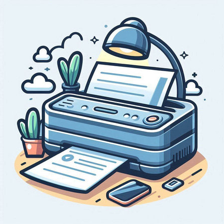 Vector illustration of a printer with a sheet of paper in the officeのイラスト素材