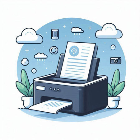 Vector illustration of printer with document and cloud computing icons. Flat line art design.のイラスト素材