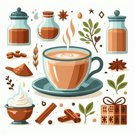 Coffee cup and spices. Vector illustration in flat style.のイラスト素材