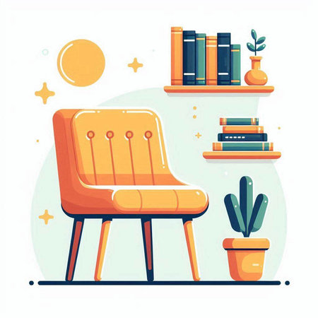 Vector illustration of cozy home interior with armchair, bookshelf, books, plants, sun and moon.のイラスト素材