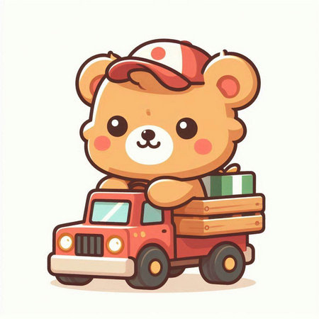 Cute teddy bear with a suitcase on the car. Vector illustration.のイラスト素材