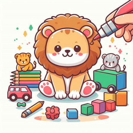 Cute cartoon lion with different toys on white background. Vector illustration.のイラスト素材