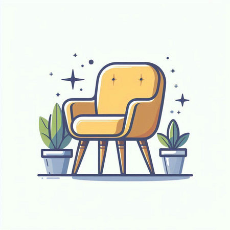 Comfortable armchair and potted plants. Flat vector illustration.のイラスト素材