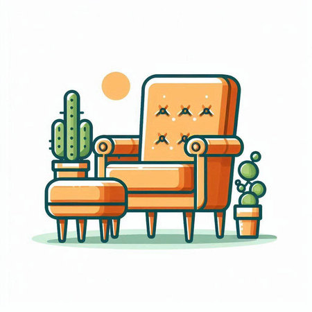 Cactus and armchair. Vector illustration in flat style. Isolated on white background.のイラスト素材