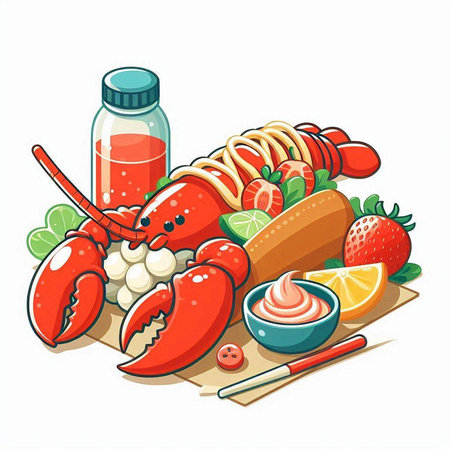 Illustration of a delicious lobster with ingredients on a white background.のイラスト素材