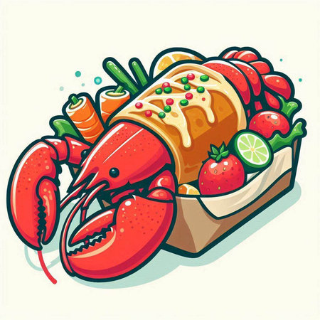 Illustration of a Lobster with Vegetables in a Box.のイラスト素材