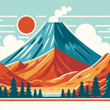 Mountains and pine trees in the background. Vector illustration in retro style.のイラスト素材