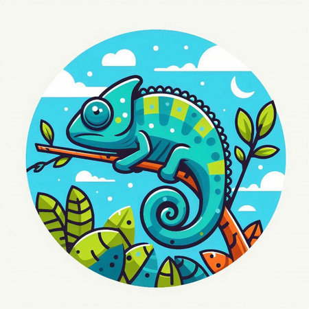 Cute chameleon on the background of the jungle. Vector illustration.のイラスト素材