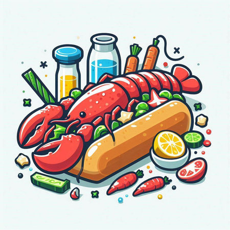 Lobster hot dog with vegetables and lemon. Vector illustration.のイラスト素材