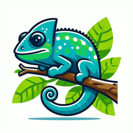 Cartoon chameleon on a branch with leaves. Vector illustrationのイラスト素材