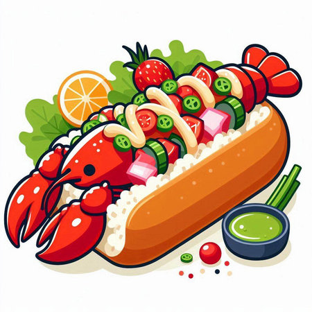 Illustration of a hot dog with vegetables and seafood on a white backgroundのイラスト素材