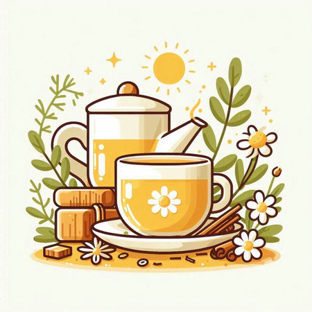 Cup of tea with cinnamon, star anise, cane sugar and flowers. Vector illustrationのイラスト素材
