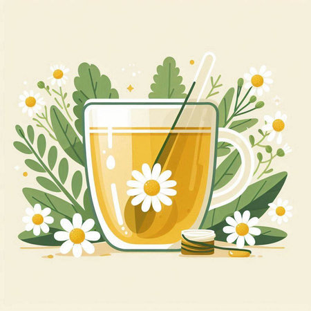 Cup of honey with chamomile flowers. Vector illustrationのイラスト素材