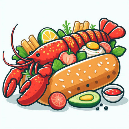 Illustration of a Lobster Sandwich with Vegetables and Fruitsのイラスト素材