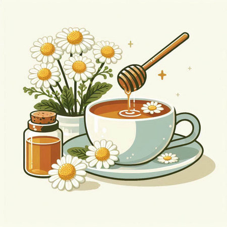 Cup of tea with chamomile and honey. Vector illustration.のイラスト素材