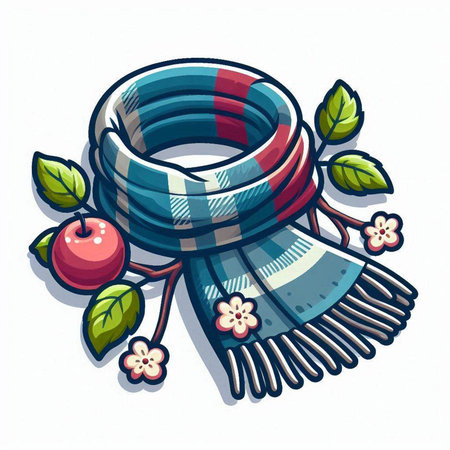 Vector illustration of a woolen scarf with a floral pattern and berriesのイラスト素材