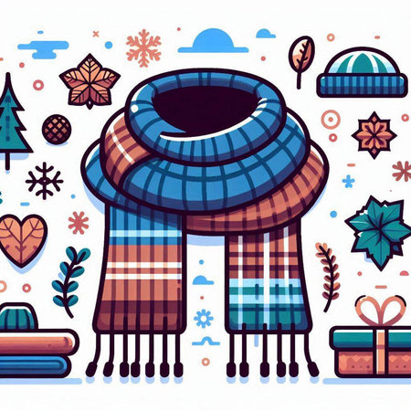 Winter illustration with scarf, hat and snowflakes. Vector.のイラスト素材