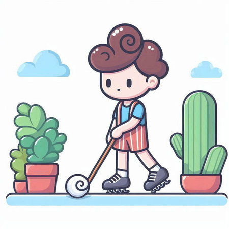 Boy riding scooter and playing in the garden. Vector illustration.のイラスト素材