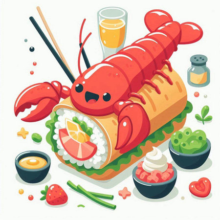 Lobster sushi with sauce and chopsticks. Vector illustration.のイラスト素材