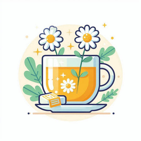 Cup of tea with chamomile flowers. Vector illustration.のイラスト素材