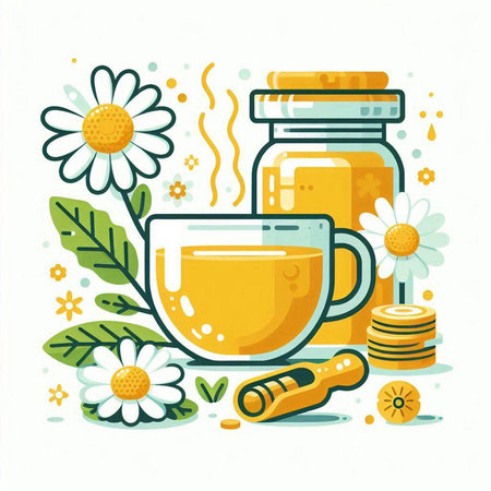 Cup of tea with chamomile and honey. Vector illustration.のイラスト素材