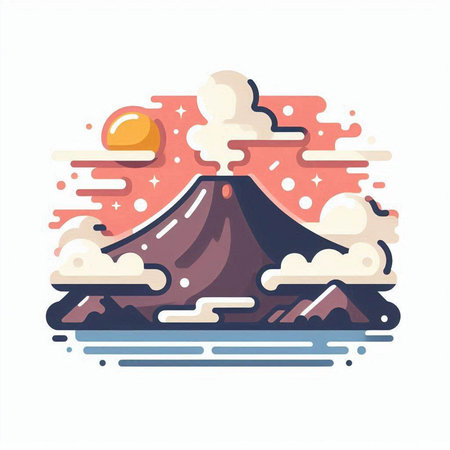Vector illustration of volcano in flat style with clouds, sun and mountains.のイラスト素材