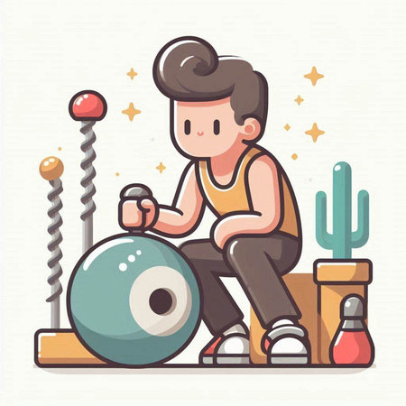 Boy playing on a spinning top. Vector illustration in cartoon style.のイラスト素材