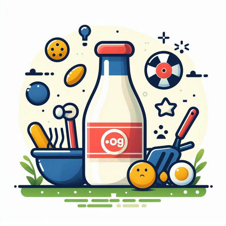 Cartoon vector illustration of a bottle of milk and ingredients for cooking.のイラスト素材