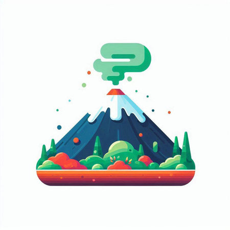 Volcano eruption flat vector illustration. Landscape with volcano and green grass.のイラスト素材