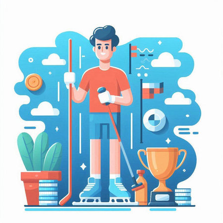 Hockey player flat vector illustration. Cartoon hockey player with hockey stick and cup on background.のイラスト素材