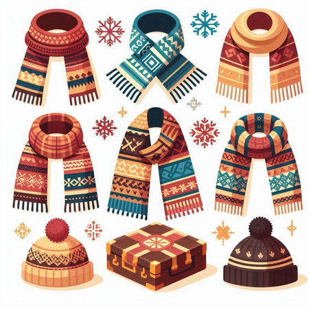 Set of winter knitted hats, scarves and scarves. Vector illustrationのイラスト素材