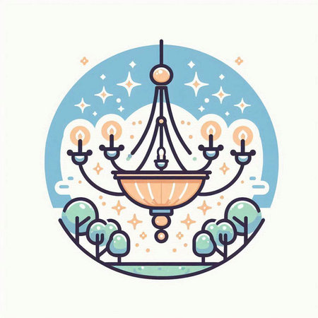Vector illustration of chandelier in a circle with trees and cloudsのイラスト素材