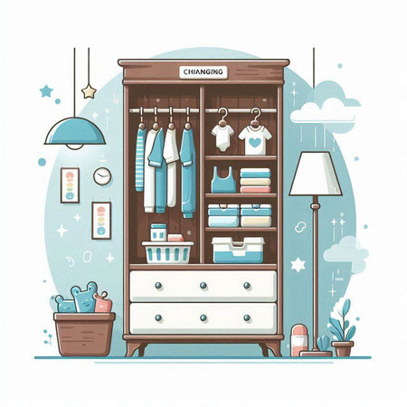 Closet with clothes and accessories. Vector illustration in flat styleのイラスト素材