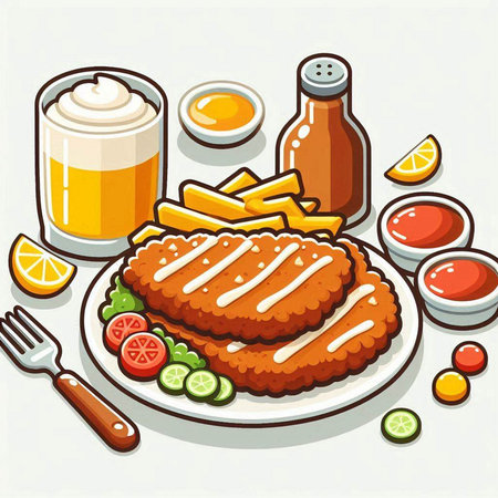 Fried pork chop with french fries and salad. Vector illustration.のイラスト素材
