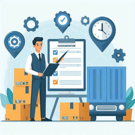 Man with clipboard and boxes on the background of warehouse. Vector illustrationのイラスト素材